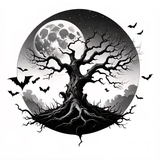 spooky tree a moon and bats flying across tattoo design idea