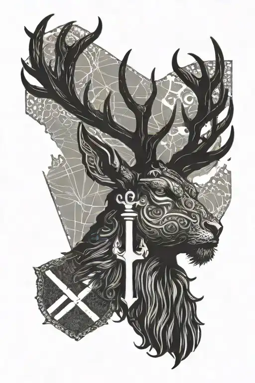 Scotland flag background. stag head profile. lighthouse. anchor tattoo design idea