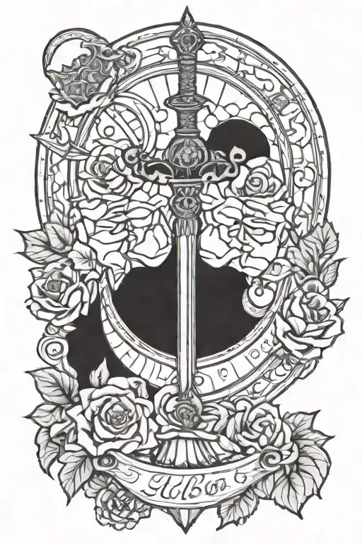 libra tarot sword through a rose and scales containing a sun and moon  tattoo design idea