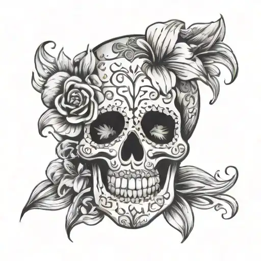 Sugar Skull with Lilly flower tattoo design idea