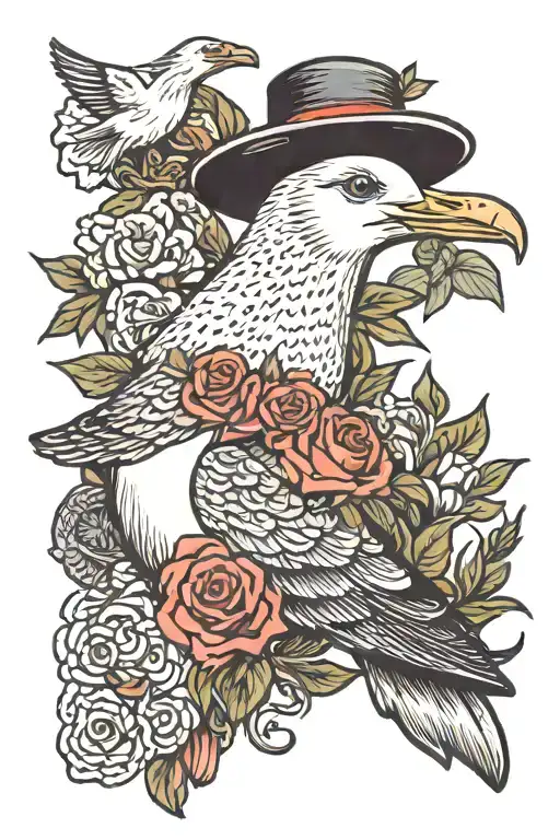 seagull with hat holding a bouquet of sardines tattoo design idea