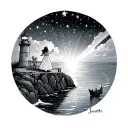 A lighthouse perched on a cliff with light shining upward into a starry sky, connecting heaven and earth. On the balcony/deck of the lighthouse, a little girl stands barefoot in a nightgown, holding a worn teddy bear in one hand and reaching toward the stars with the other. Jeanette engraved into the base or railing. a small star cluster forming the letter “I” in stars. calm sea below the cliff reflects the lighthouse beam and the sky. boat in the distance with a guy on it. Use whispery cloud shading, soft light gradients, and gentle wave textures to make it feel dreamlike and serene.  tattoo design idea