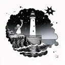 A lighthouse perched on a cliff with light shining upward into a starry sky, connecting heaven and earth. On the balcony/deck of the lighthouse, a little girl stands barefoot in a nightgown, holding a worn teddy bear in one hand and reaching toward the stars with the other. Jeanette engraved into the base or railing. a small star cluster forming the letter “I” in stars. calm sea below the cliff reflects the lighthouse beam and the sky. boat in the distance with a guy on it. Use whispery cloud shading, soft light gradients, and gentle wave textures to make it feel dreamlike and serene.  tattoo design idea