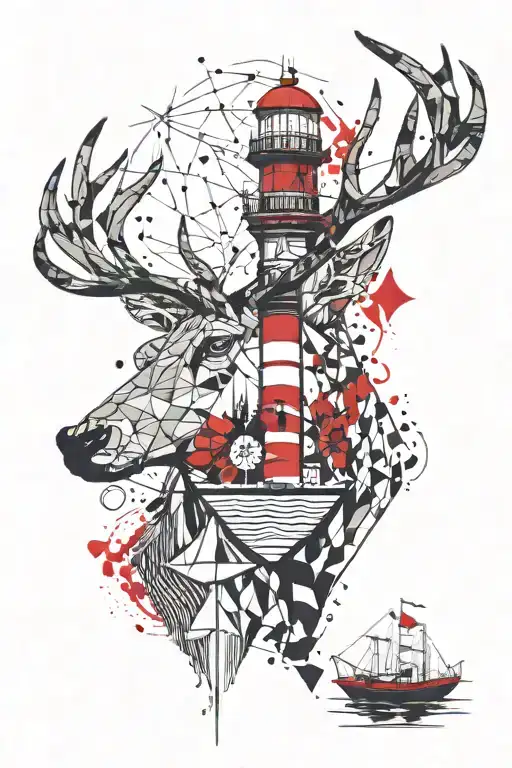 geometric stag head with a lighthouse coming out of top and an anchor out of bottom. Scottish flag background tattoo design idea