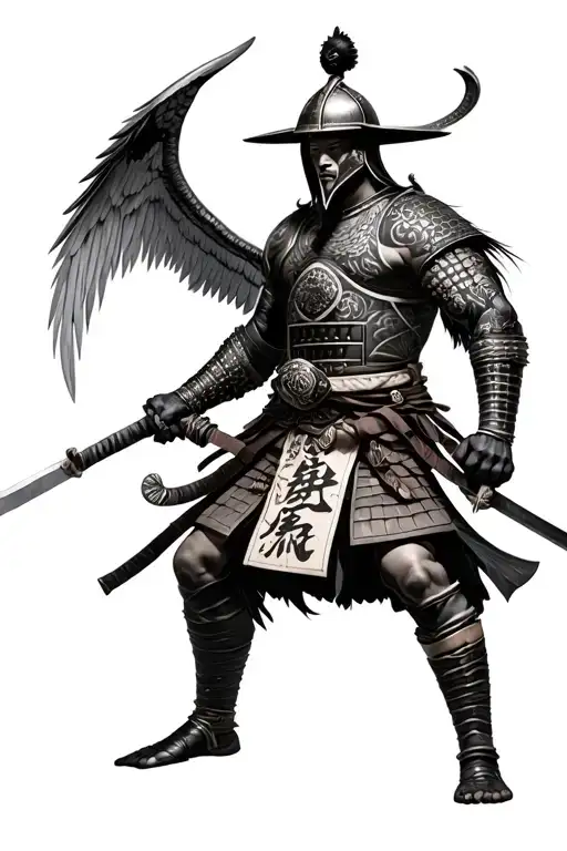 photo realistic ronin samurai warrior wearing a kabuto helmet with mengu and wings tattoo design idea