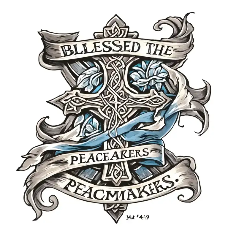 Celtic Cross with ""Blessed are the peacemakers." written on a blue sash draped  on cross, Mat 4:9 below. tattoo design idea