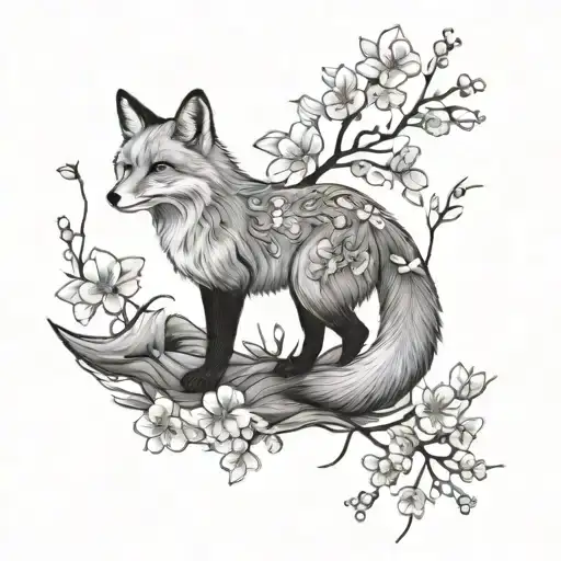 Fox that looks slightly up, cherry blossoms and wild flowers around the fox , tattoo black and gray tattoo design idea