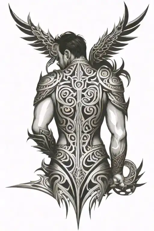 tribal, black, armor, symetrical, back, shoulders, minimalist, magic  tattoo design idea