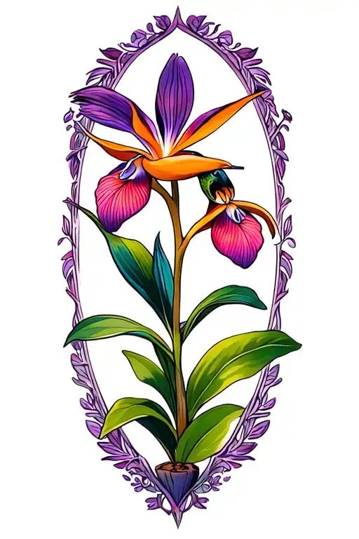 bird of paradise, hummingbird, pink lady's slipper orchid, purple pitcher plant flower tattoo design idea