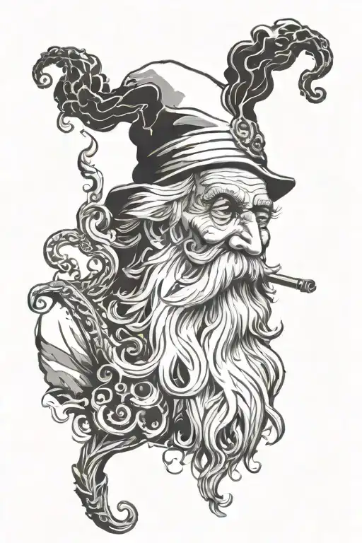 a very old man, with a long beard, smoking a long pipe, with the smoke around giving body to the Lord, on top of the Lor tattoo design idea