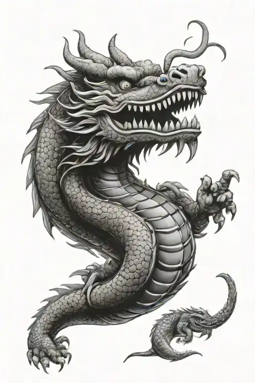 Asian dragon with head similar to a crocodile or alligator matching a Buddha with Foo dog tattoo design idea