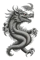 Asian dragon with head similar to a crocodile or alligator matching a Buddha with Foo dog tattoo design idea
