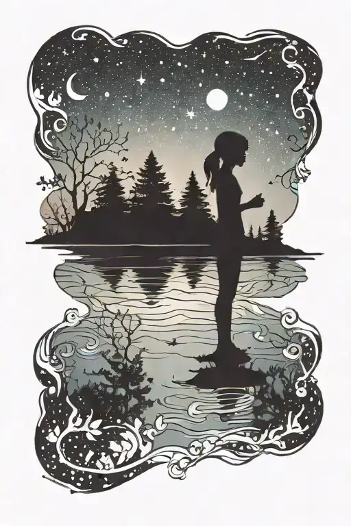 small little girl silhouette in front of lake with trees and night sky milky way  tattoo design idea
