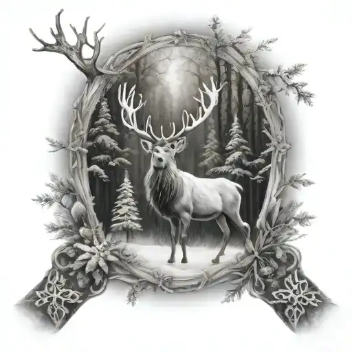 full sleeve, real, winter, forest, Christmas, snowflake, Santa's reindeer, monochrome tattoo design idea