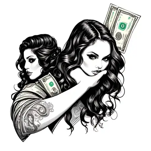 a gangster style full arm tattoo with money and female figures tattoo design idea