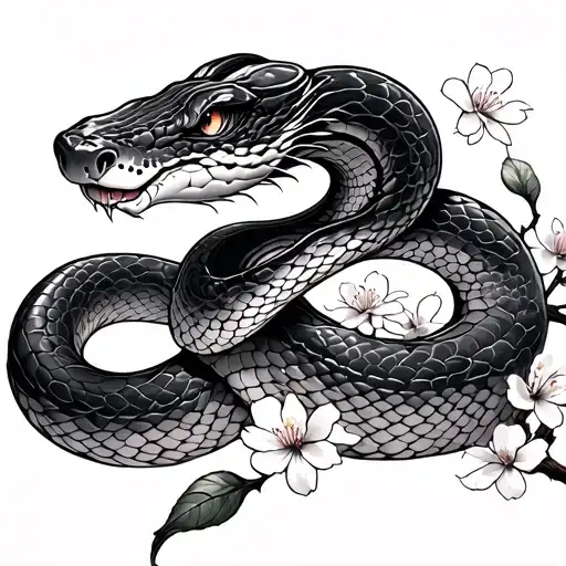 snake with cherry blossoms and wind bars tattoo design idea