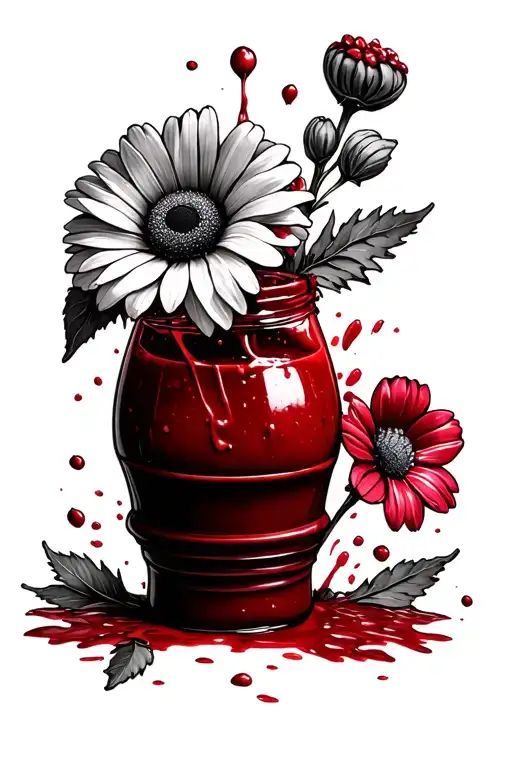 tattoo of birth flowers for October and February coming out of a ketchup bottle.  tattoo design idea