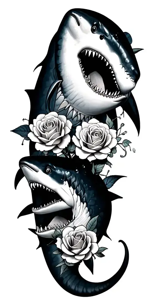 two sharks and some little roses wild paterns tattoo design idea