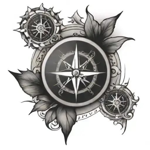 compass rose on shoulder and clock surrounded tattoo design idea