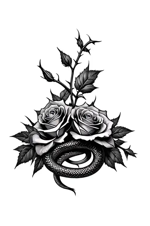 roses with thorns and a snake tattoo design idea