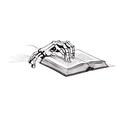 a hand reaching out to a skeleton hand holding open book surrounded tattoo design idea