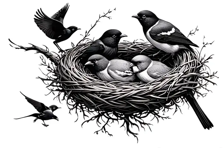 4 birds, 2 in a nest and 2 flying from the nest. fine line  tattoo design idea