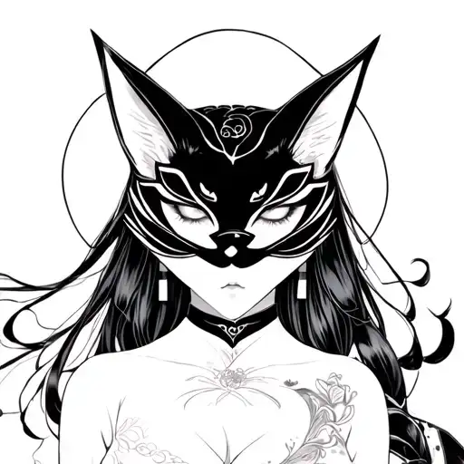 A black and white illustration of a mysterious woman wearing a traditional Japanese kitsune mask with elegant markings a tattoo design idea