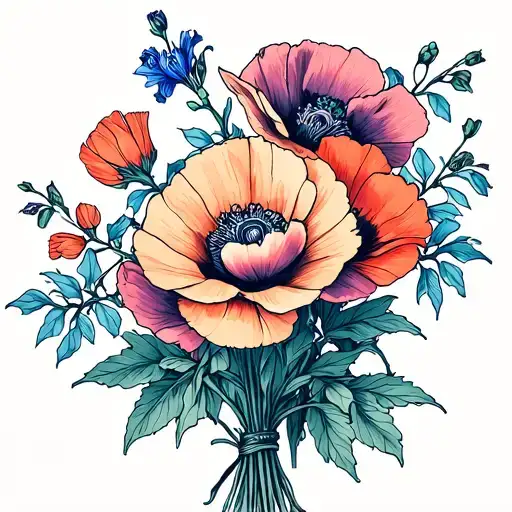 Hawthorne, larkspur and poppy flower bouquet tattoo design idea