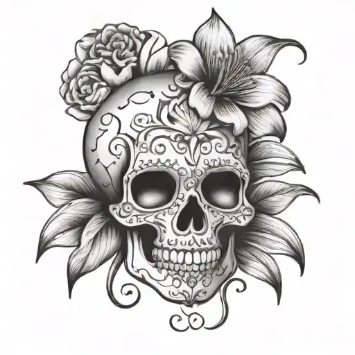Sugar Skull with Lilly flower tattoo design idea