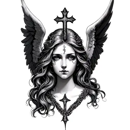 Female Angel face with cross wrapped tattoo design idea