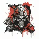 death with a hood on his head prays to god tattoo design idea
