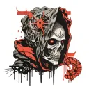 death with a hood on his head prays to god tattoo design idea