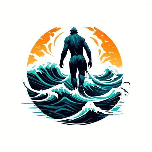 small figure walking across calm waves, abstract flowing lines merging with horizon, symbol of trust and courage tattoo design idea