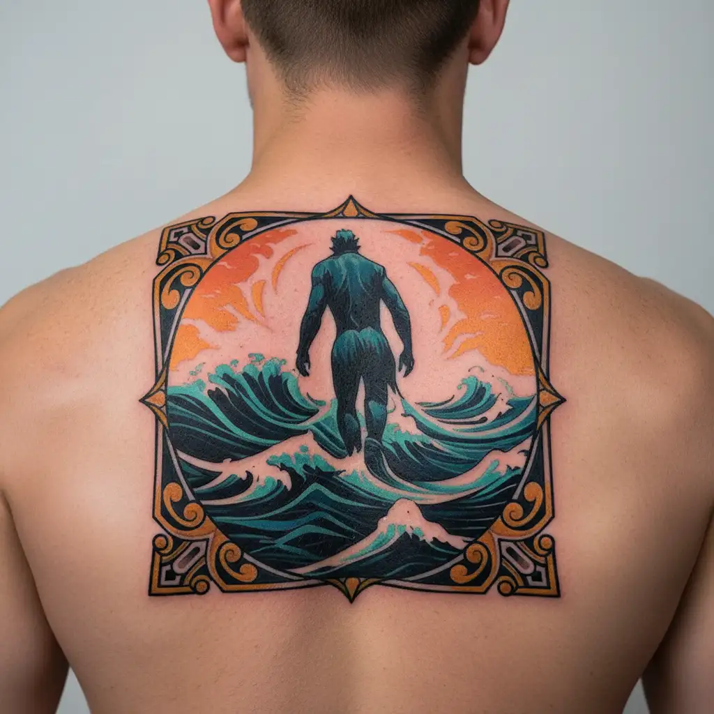 small figure walking across calm waves, abstract flowing lines merging with horizon, symbol of trust and courage tattoo design idea