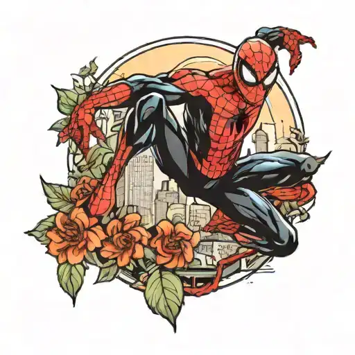 A red and black neotraditional tattoo featuring Spider-Man swinging through a cityscape filled with flowers tattoo design idea
