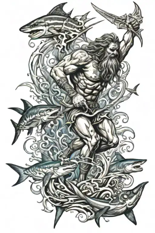 poseidon holding a trident underwater with sharks swimming around him tattoo design idea