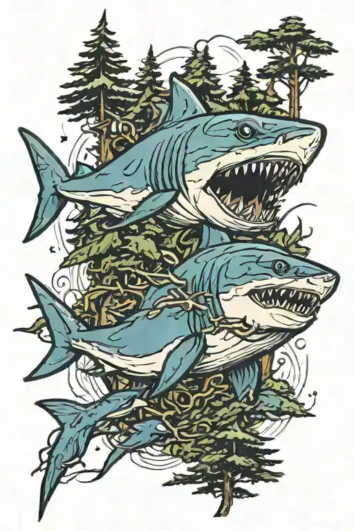 A fierce shark swimming through a forest of pine trees tattoo design idea