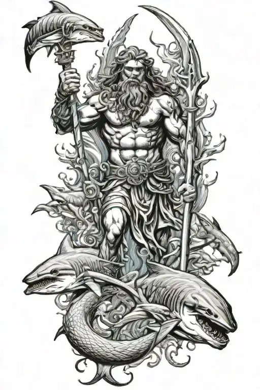 poseidon holding a trident underwater with sharks swimming around him tattoo design idea