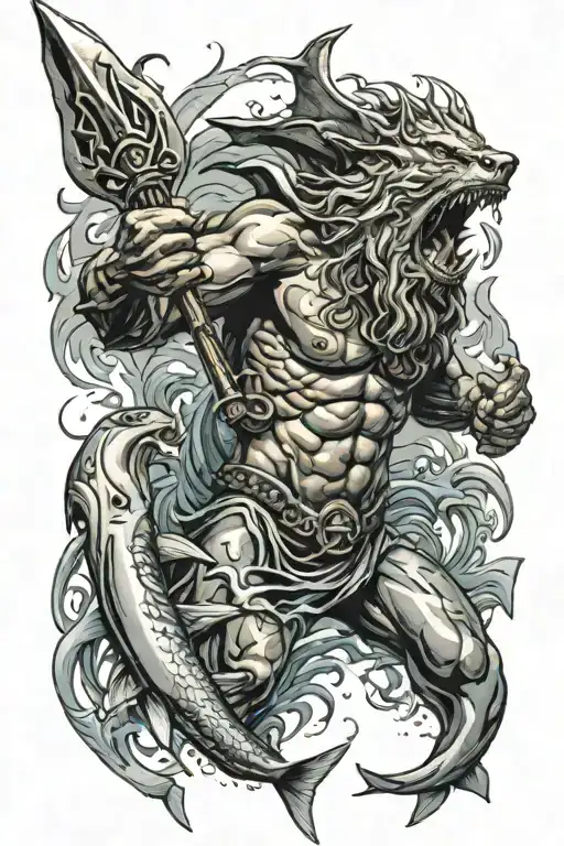 poseidon holding a trident underwater with sharks swimming around him tattoo design idea
