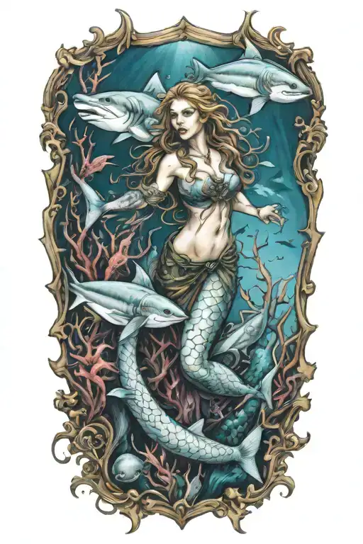 Gothic Mermaid Underwater Scene With Great White Sharks In Color Tattoo Idea tattoo design idea