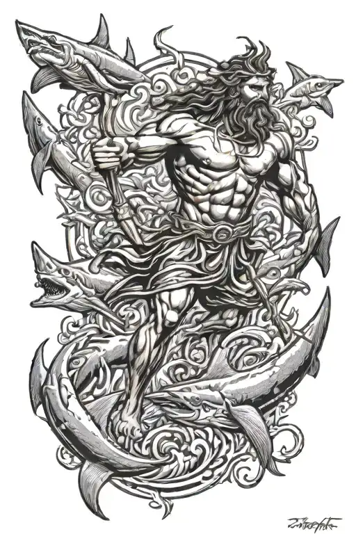 poseidon holding a trident underwater with sharks swimming around him tattoo design idea