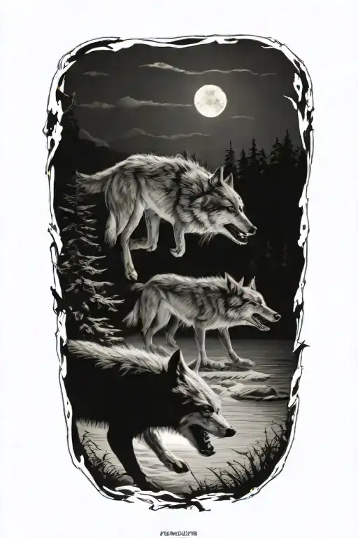 A pack of wolves hunting in a snowy wilderness with a shark swimming in the background tattoo design idea