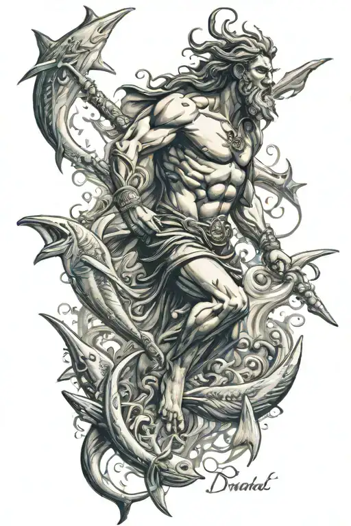 poseidon holding a trident underwater with sharks swimming around him tattoo design idea
