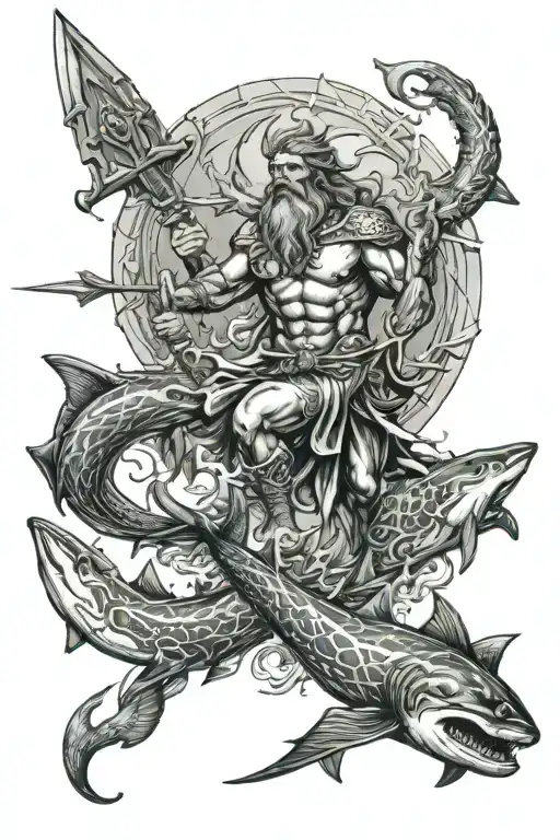 poseidon holding a trident underwater with sharks swimming around him tattoo design idea