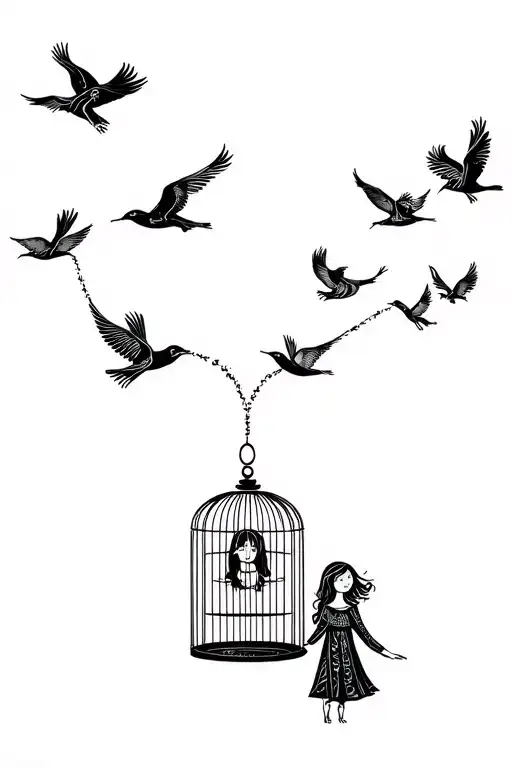 girl releasing birds from a cage that transform into 5 chevrons tattoo design idea