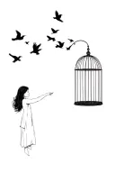 girl releasing birds from a cage that transform into 5 chevrons tattoo design idea