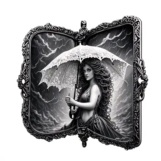 in a locket or frame, it shows medusa carrying a lace umbrella in a storm tattoo design idea