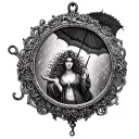 in a locket or frame, it shows medusa carrying a lace umbrella in a storm tattoo design idea