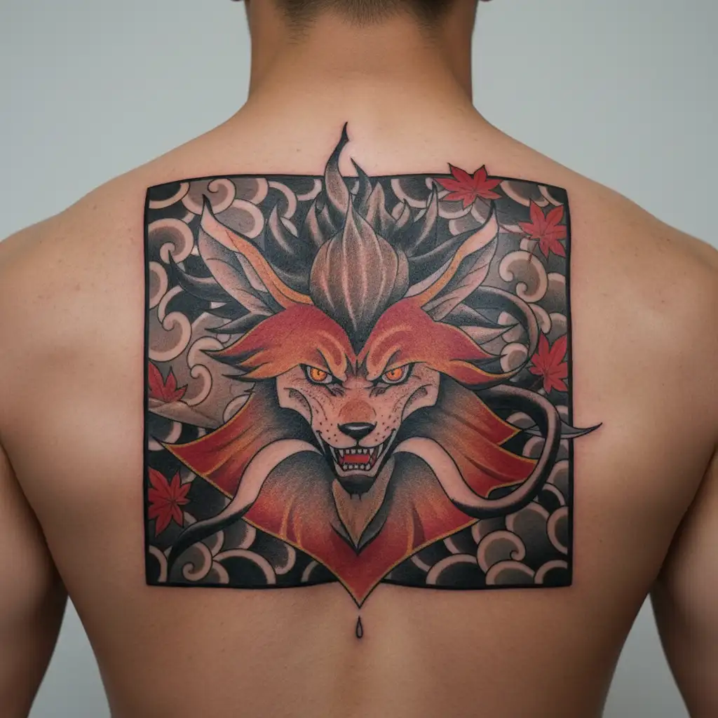 kurama from naruto with akatsuki clouds as background tattoo design idea