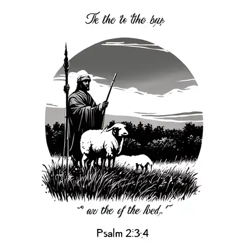 the whole verse of Psalm 23:4 above a shepherd with his staff and a sheep in a pasture sillhoutte fading background tattoo design idea